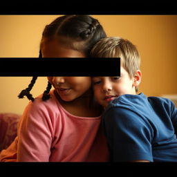 A scene depicting an older sister with two braids, softly whispering into the ear of her younger brother
