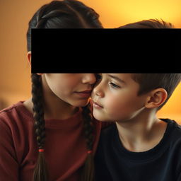 A scene depicting an older sister with two braids, softly whispering into the ear of her younger brother
