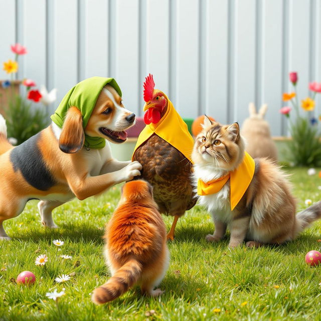 A humorous and playful scene depicting a dog, a hen, and a cat, all wearing colorful hijabs, engaging in a friendly tussle