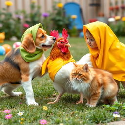 A humorous and playful scene depicting a dog, a hen, and a cat, all wearing colorful hijabs, engaging in a friendly tussle