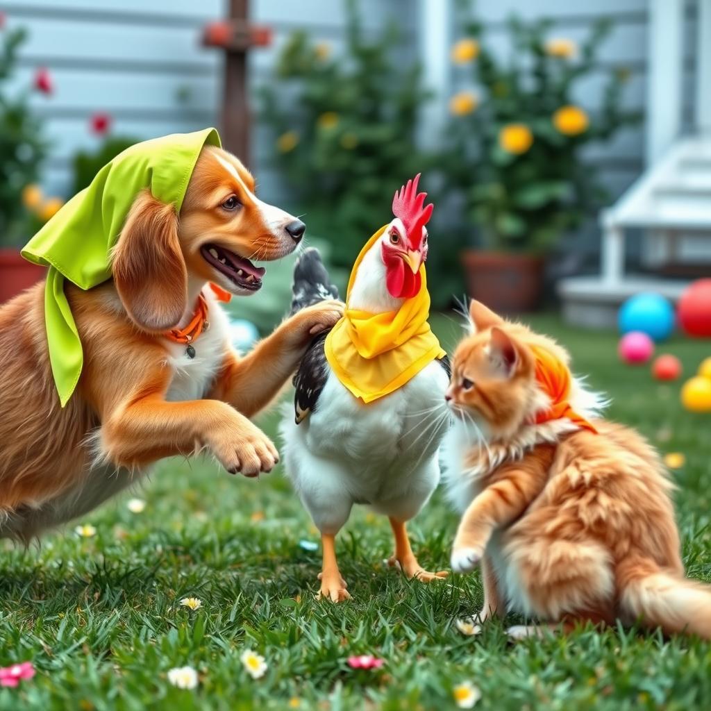 A humorous and playful scene depicting a dog, a hen, and a cat, all wearing colorful hijabs, engaging in a friendly tussle