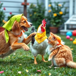 A humorous and playful scene depicting a dog, a hen, and a cat, all wearing colorful hijabs, engaging in a friendly tussle