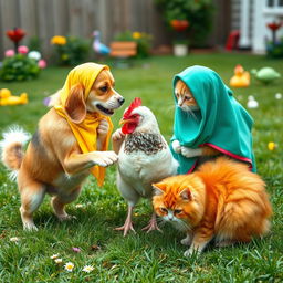 A humorous and playful scene depicting a dog, a hen, and a cat, all wearing colorful hijabs, engaging in a friendly tussle
