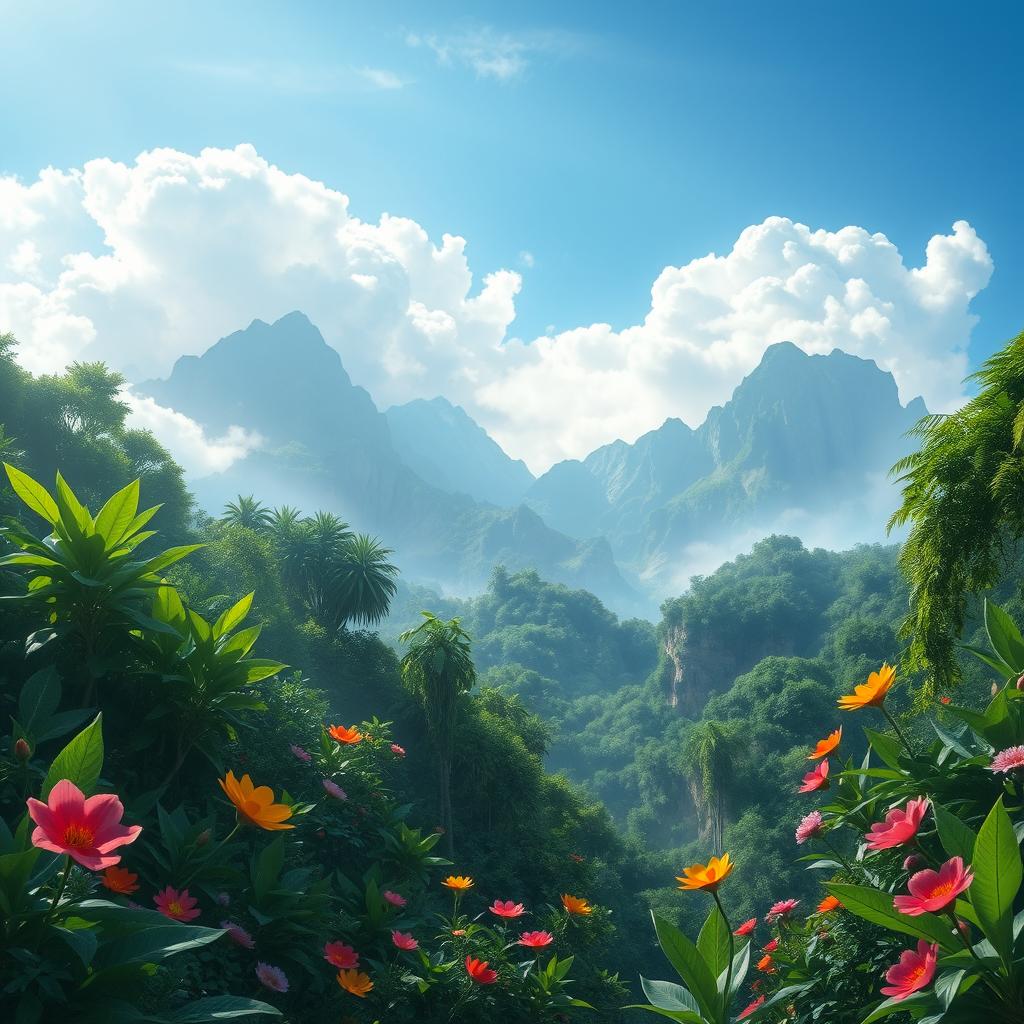 A beautiful and serene jungle garden of heaven, featuring lush green foliage, vibrant flowers, and gentle white clouds blending into a bright blue sky