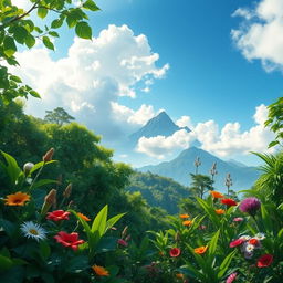A beautiful and serene jungle garden of heaven, featuring lush green foliage, vibrant flowers, and gentle white clouds blending into a bright blue sky