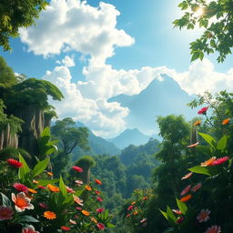 A beautiful and serene jungle garden of heaven, featuring lush green foliage, vibrant flowers, and gentle white clouds blending into a bright blue sky