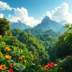 A beautiful and serene jungle garden of heaven, featuring lush green foliage, vibrant flowers, and gentle white clouds blending into a bright blue sky