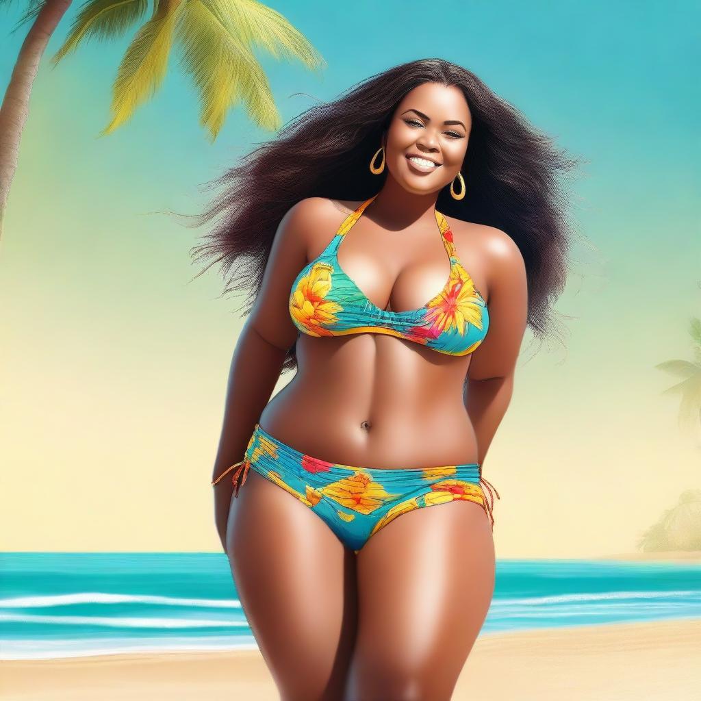 This is a high-quality, realistic digital art image featuring a confident woman in a stylish bikini