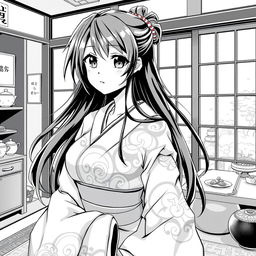 A striking black and white illustration of an anime housewife, showcasing her in a classic domestic setting