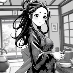 A striking black and white illustration of an anime housewife, showcasing her in a classic domestic setting