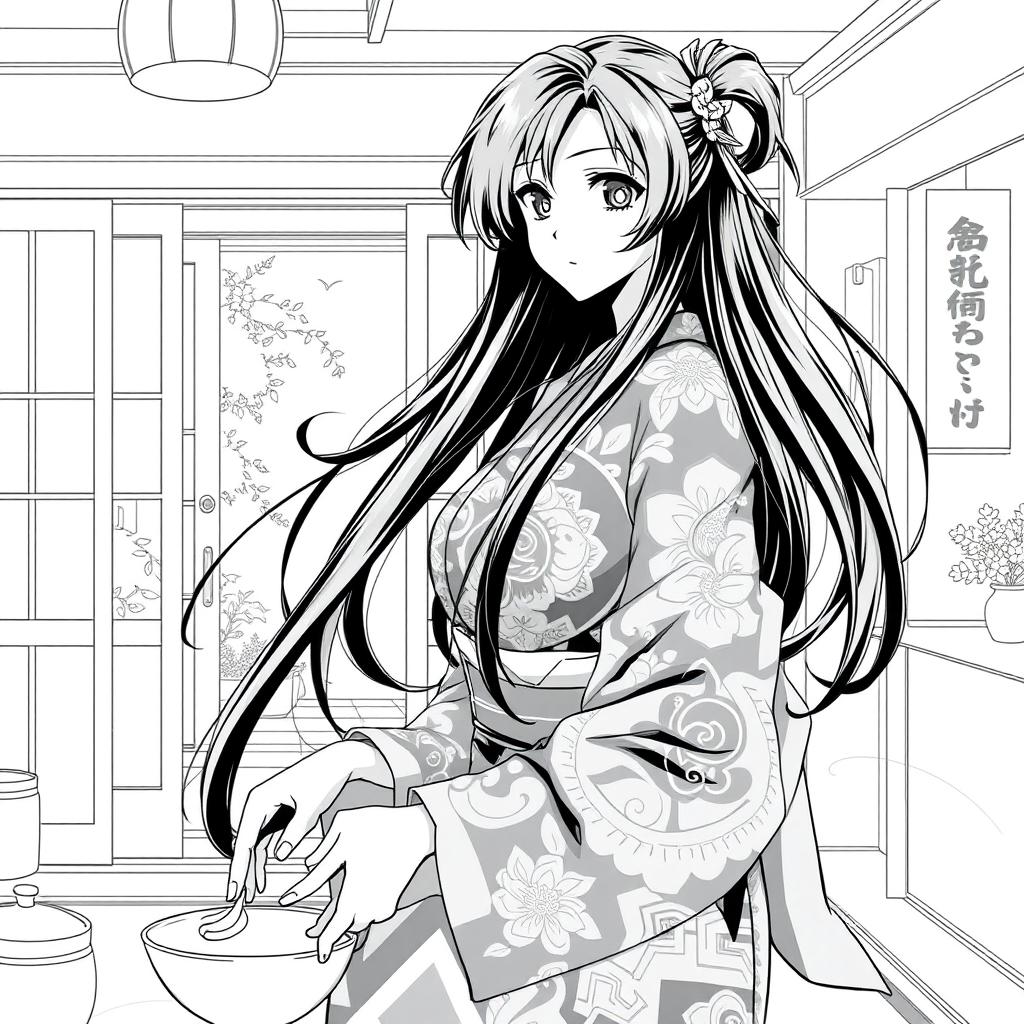 A striking black and white illustration of an anime housewife, showcasing her in a classic domestic setting