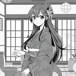 A striking black and white illustration of an anime housewife, showcasing her in a classic domestic setting