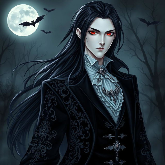 A striking vampire character design, featuring a tall, elegant figure with long, flowing black hair cascading over their shoulders