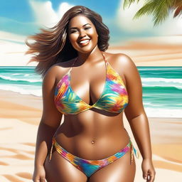 This is a high-quality, realistic digital art image featuring a confident woman in a stylish bikini