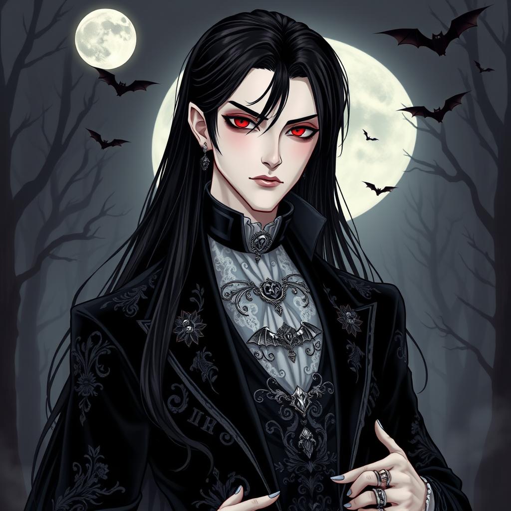 A striking vampire character design, featuring a tall, elegant figure with long, flowing black hair cascading over their shoulders