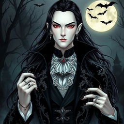 A striking vampire character design, featuring a tall, elegant figure with long, flowing black hair cascading over their shoulders