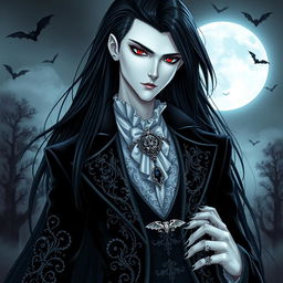 A striking vampire character design, featuring a tall, elegant figure with long, flowing black hair cascading over their shoulders