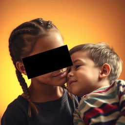 A heartwarming scene showing an older sister with two braids, whispering softly into the ear of her younger brother