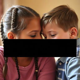 A heartwarming scene showing an older sister with two braids, whispering softly into the ear of her younger brother