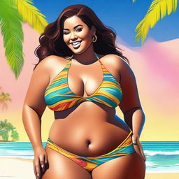 This is a high-quality, realistic digital art image featuring a confident woman in a stylish bikini