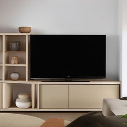 Living room featuring an L-shaped furniture setup designed specifically for a TV, with built-in shelving and storage