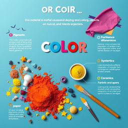 A visually engaging educational infographic illustrating the concept of color as a material used for dyeing and coloring objects