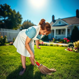 A housewife with brown hair tied in a bun, wearing a light blue dress and a white apron, gently sweeping her yard