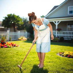 A housewife with brown hair tied in a bun, wearing a light blue dress and a white apron, gently sweeping her yard