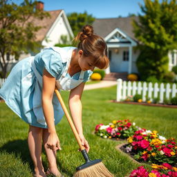 A housewife with brown hair tied in a bun, wearing a light blue dress and a white apron, gently sweeping her yard