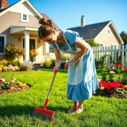 A housewife with brown hair tied in a bun, wearing a light blue dress and a white apron, gently sweeping her yard