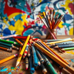 A vibrant array of artistic tools used for coloring, showcasing a variety of colored pencils, markers, and paintbrushes scattered across a wooden artist's desk
