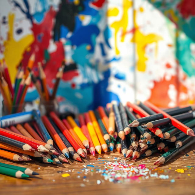 A vibrant array of artistic tools used for coloring, showcasing a variety of colored pencils, markers, and paintbrushes scattered across a wooden artist's desk