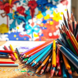 A vibrant array of artistic tools used for coloring, showcasing a variety of colored pencils, markers, and paintbrushes scattered across a wooden artist's desk