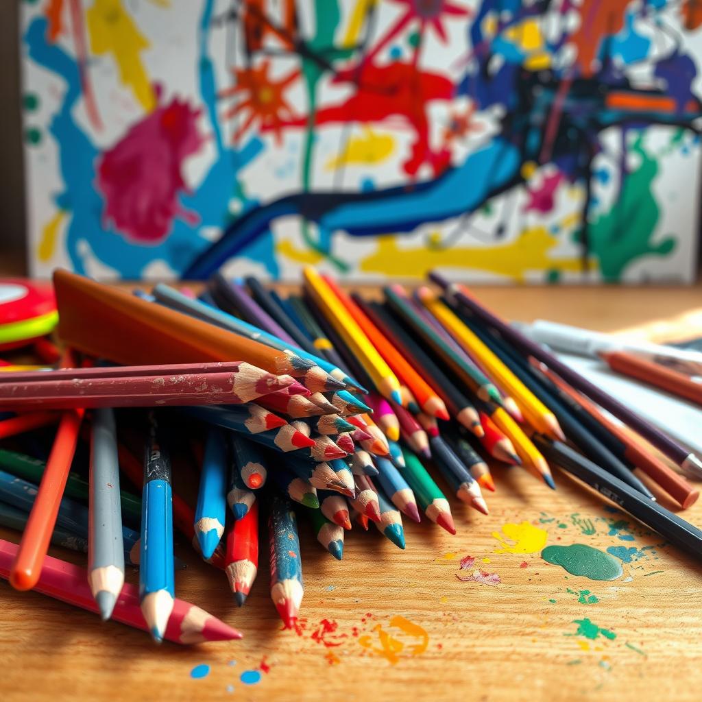 A vibrant array of artistic tools used for coloring, showcasing a variety of colored pencils, markers, and paintbrushes scattered across a wooden artist's desk