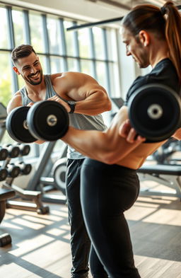 A strong and determined personal trainer guiding a client through a workout session in a modern gym environment