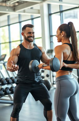 A strong and determined personal trainer guiding a client through a workout session in a modern gym environment