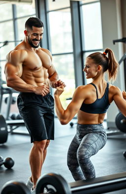 A strong and determined personal trainer guiding a client through a workout session in a modern gym environment