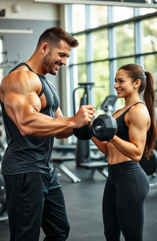 A strong and determined personal trainer guiding a client through a workout session in a modern gym environment