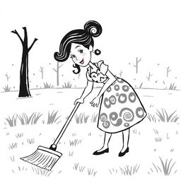 A black and white illustration of a stylized, non-realistic housewife sweeping the yard, with a whimsical appearance