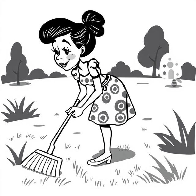 A black and white illustration of a stylized, non-realistic housewife sweeping the yard, with a whimsical appearance