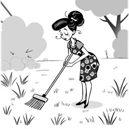 A black and white illustration of a stylized, non-realistic housewife sweeping the yard, with a whimsical appearance