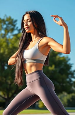 A modern fitness assistant character, an athletic woman with long, flowing dark hair, demonstrating a yoga pose in a serene outdoor setting