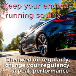 A vibrant and dynamic social media post showcasing a sleek, modern car on a scenic road, highlighting the importance of regular engine oil changes