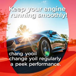 A vibrant and dynamic social media post showcasing a sleek, modern car on a scenic road, highlighting the importance of regular engine oil changes