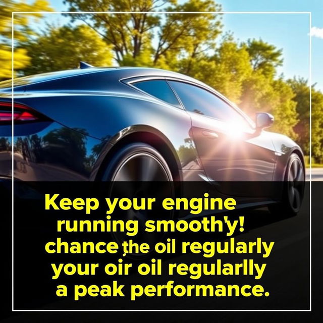 A vibrant and dynamic social media post showcasing a sleek, modern car on a scenic road, highlighting the importance of regular engine oil changes