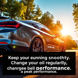 A vibrant and dynamic social media post showcasing a sleek, modern car on a scenic road, highlighting the importance of regular engine oil changes