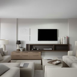 Living room featuring an L-shaped furniture setup designed specifically for a TV, with built-in shelving and storage