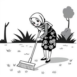 A black and white illustration of a stylized, non-realistic housewife wearing a hijab, sweeping the yard while leaning towards the ground