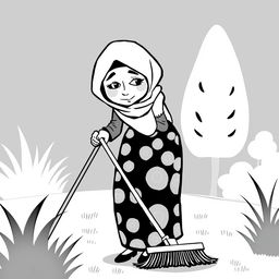 A black and white illustration of a stylized, non-realistic housewife wearing a hijab, sweeping the yard while leaning towards the ground