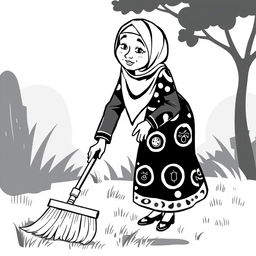 A black and white illustration of a stylized, non-realistic housewife wearing a hijab, sweeping the yard while leaning towards the ground